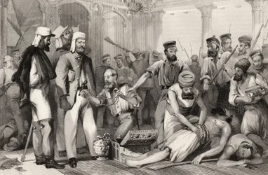 Le correspondant du Times regardant le sac de Kaiser Bach après la capture de Lucknow le 15 mars 1858